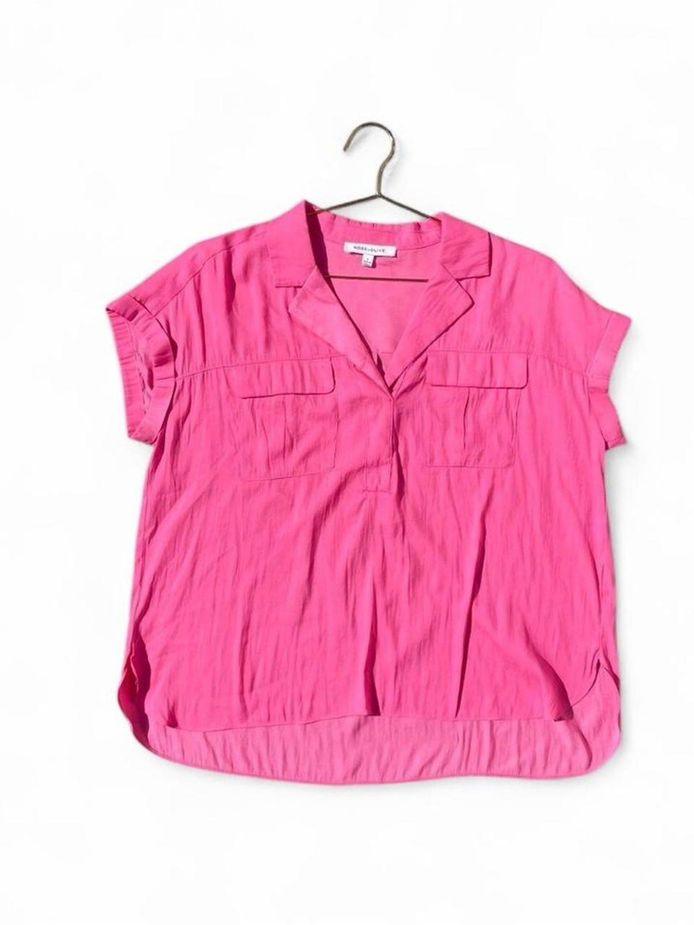 Rose + Olive Bright Pink Flowy Blouse — Silky Lightweight Short Sleeve Top